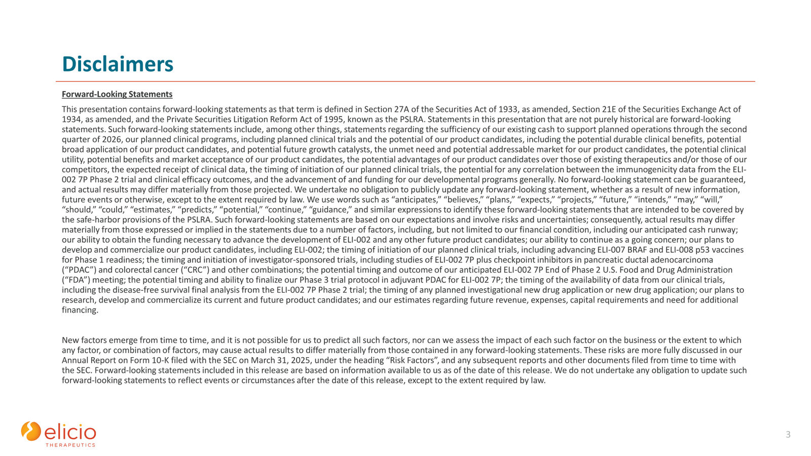 Elicio Therapeutics Corporate Deck — January 2026 — slide 3 of 50